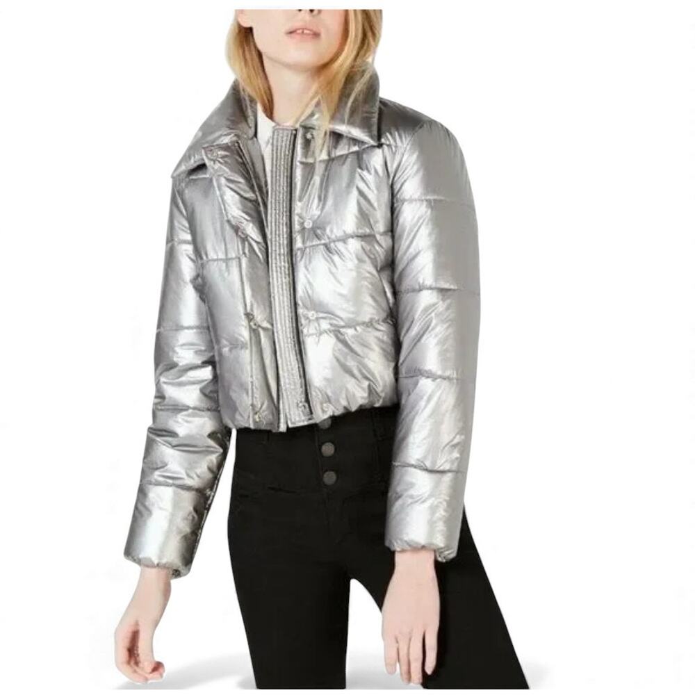 bar III Silver Metallic Puffer Jacket - Small